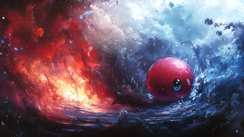 Cosmic red orb between blazing fire and frozen storm.
