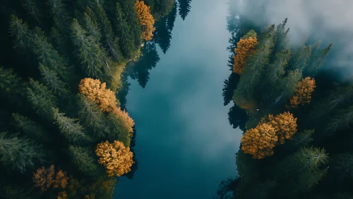 Aerial Forest Lake: Autumn Trees Meet Turquoise Water.