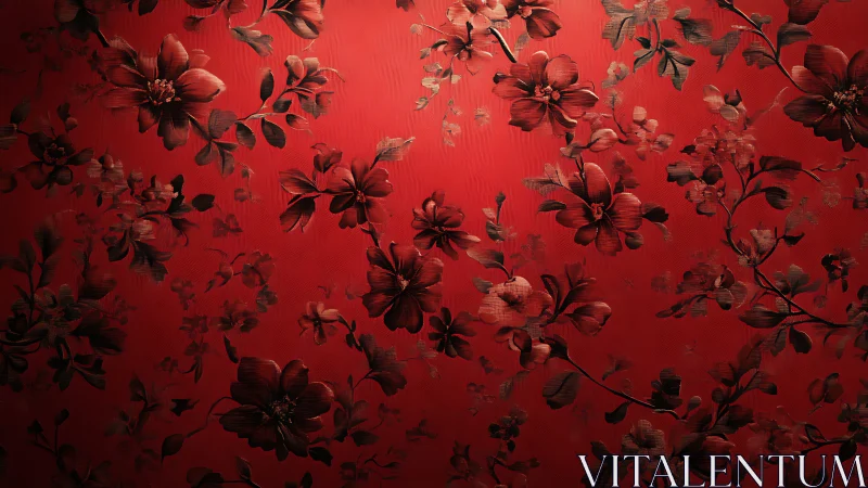 Red floral pattern with dimensional botanical elements on textured surface.