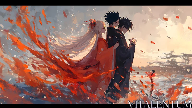 Three figures in kimonos amid swirling red leaves at dusk.