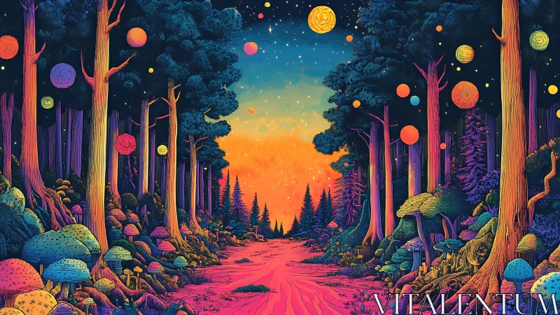 Chromatic Forest Path: Neon Arboreal Landscape with Celestial Elements.