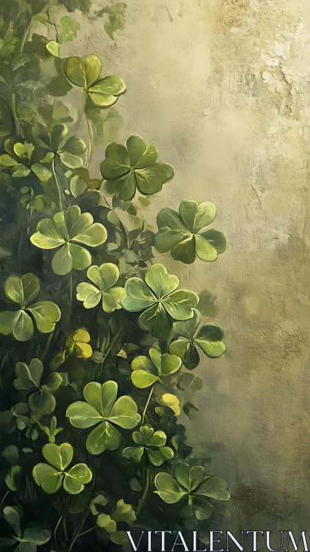 Clover foliage rendered against textured, light-worn plaster wall