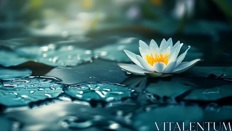 White water lily on still pond surface at soft daylight.