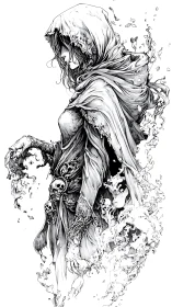 Hooded necromancer dissolves into skeletal smoke with intricate linework
