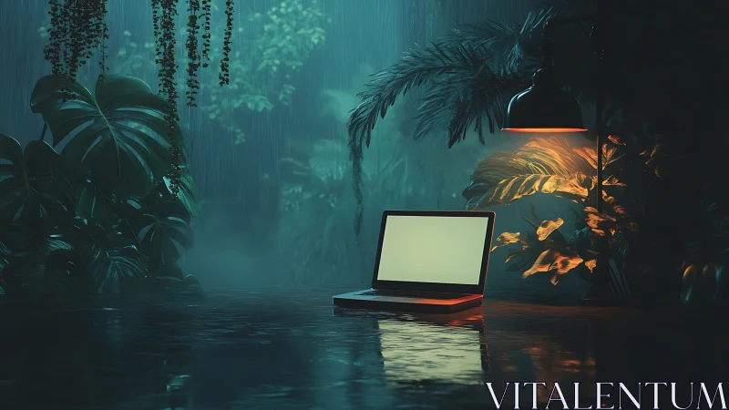 Laptop sanctuary glowing under jungle rainlit lamplight.