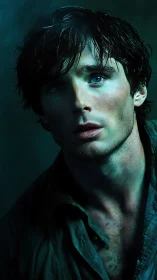 Moody portrait of a young man in dramatic teal lighting.