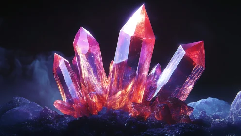 Luminous magenta crystal cluster rendered in dramatic 3D light
