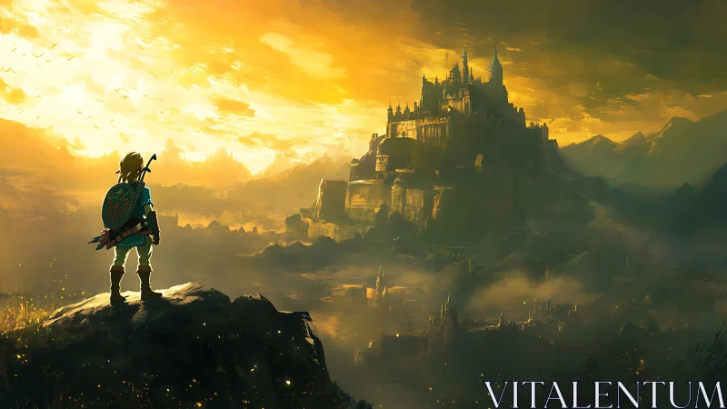 Warm sunrise quest toward a misty golden cliffside castle.