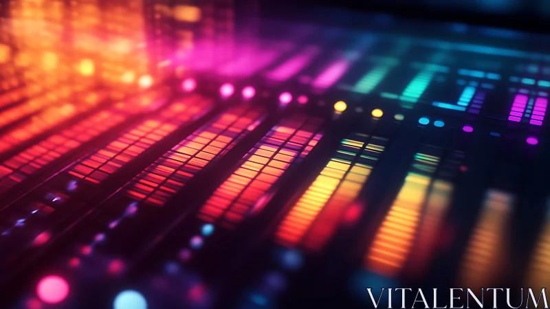 Neon soundwaves dancing across a glowing music mixer board.