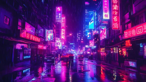 Rain-soaked cyberpunk avenue under neon magenta glow.