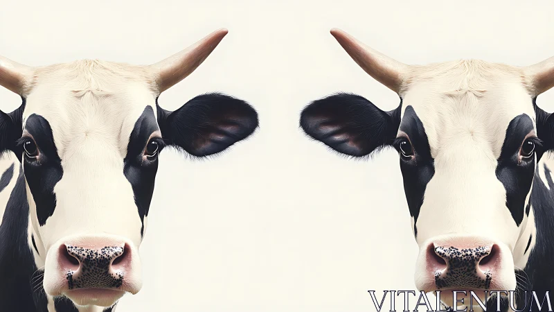 Symmetrical dual Holstein bovine portraits on neutral plane.