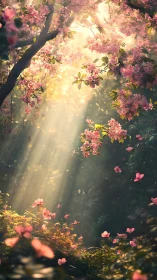 Sunlit blossom glade where drifting petals script quiet magic.
