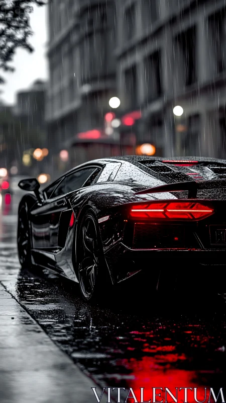 Black supercar on wet city street under heavy rain.
