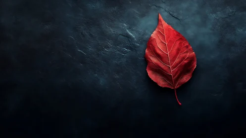 Crimson leaf macro on textured dark slate background.