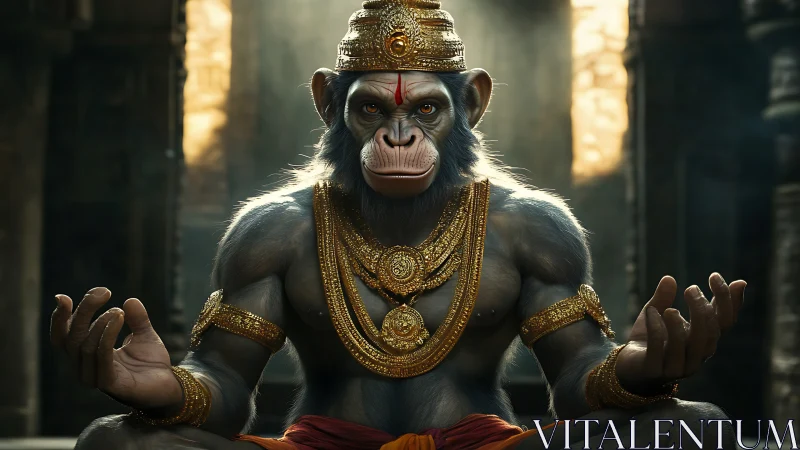 Simian figure in ornate regalia meditating in stone hall.