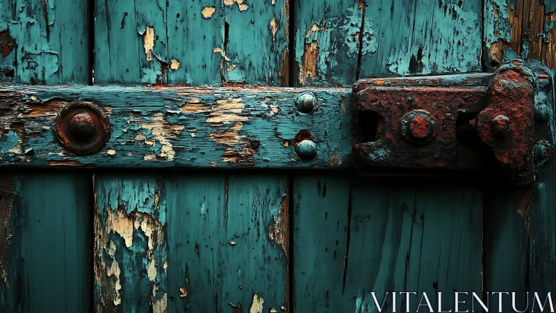 Weathered teal door hinge quietly tells a story of time