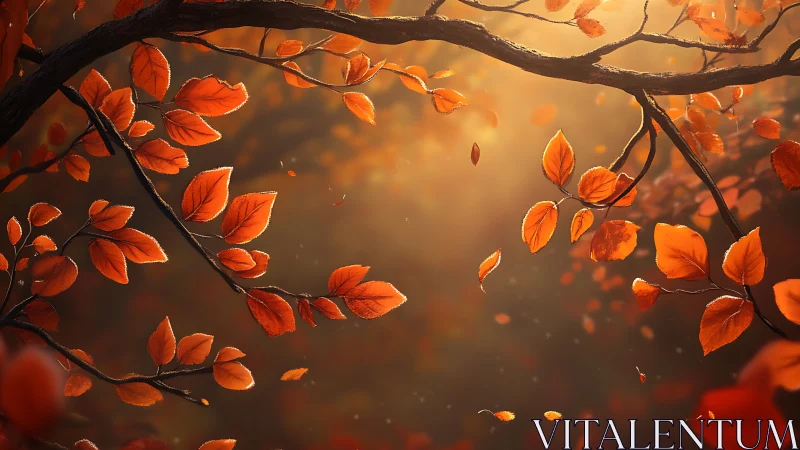 Golden autumn leaves drifting through evening light.