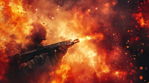 Soldier's Fiery Stand: Courage Amid Chaos.