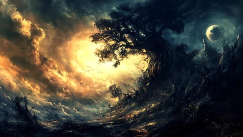 Twisted ancient tree divides luminous storm sky and shadowed moonlit void