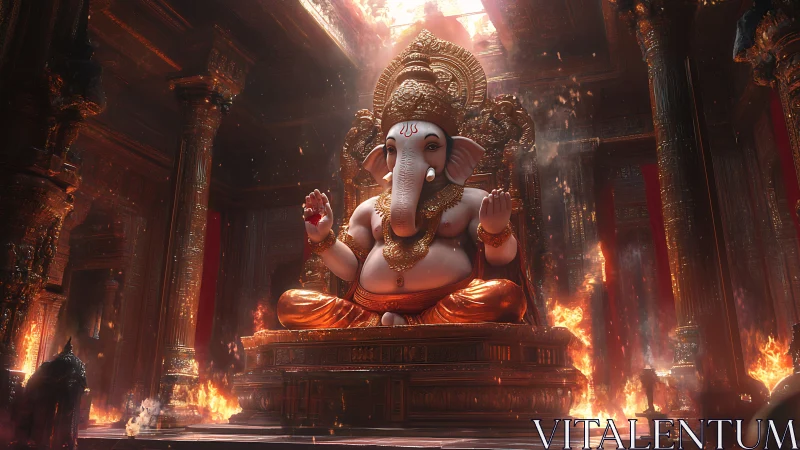 Ganesha statue in ornate hall with surrounding fire elements.