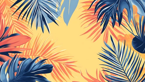 Bold tropical leaves frame warm yellow negative space