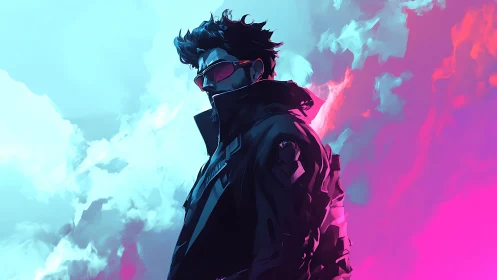 Cyberpunk operative stands against neon cyan and magenta sky
