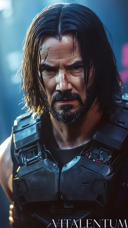 Battle-worn man in tactical armor stares forward intensely