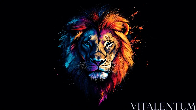 Neon lion portrait glows against deep black void.