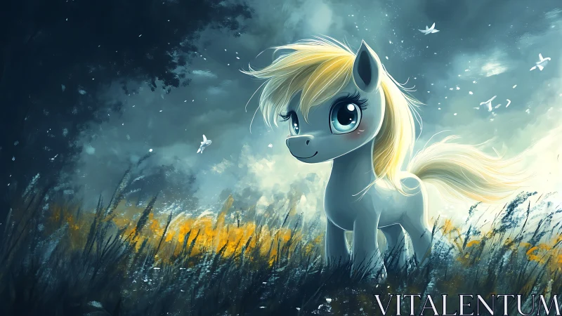 Blonde cartoon pony in misty field with flying birds.