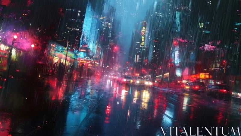 Neon city street glows in vibrant colors on a rainy night