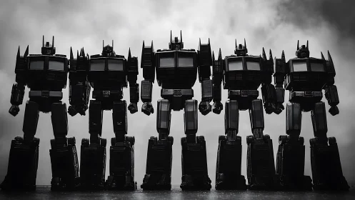 Silhouetted robot lineup forms a high-contrast dystopian tableau