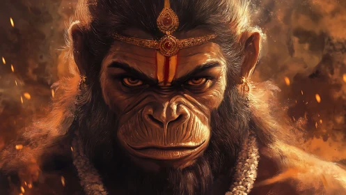 Mythic warrior simian god glows within molten embers