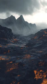 Volcanic valley with molten lava under dense storm clouds