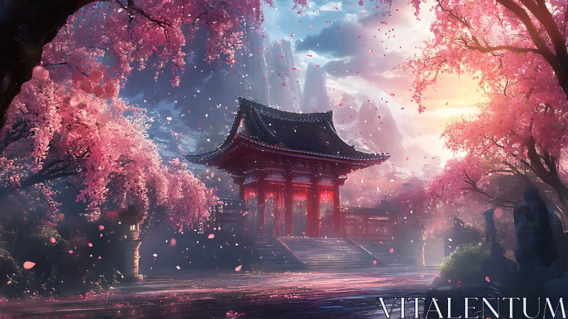 Temple courtyard under dense pink cherry blossoms at dawn.