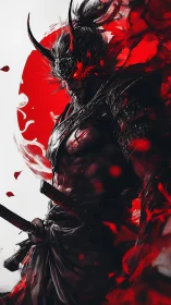 Demonic samurai warrior stands against a blazing red storm