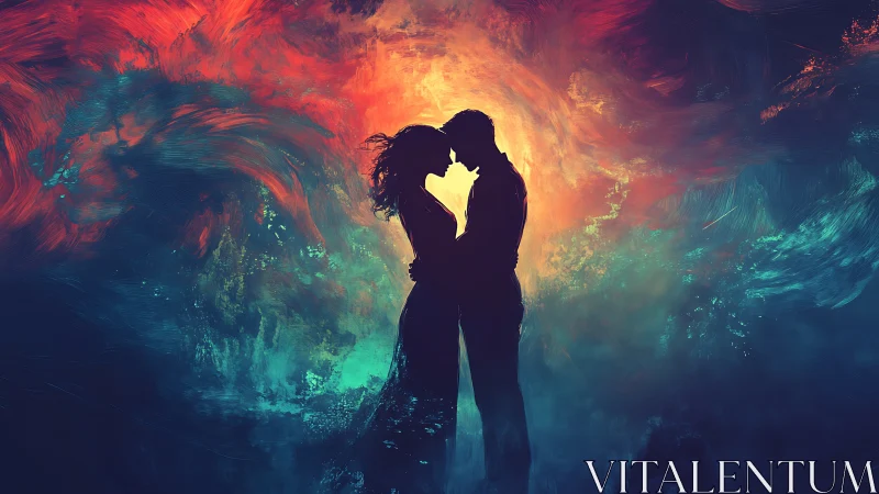 Silhouetted Couple Against Luminous Abstract Background