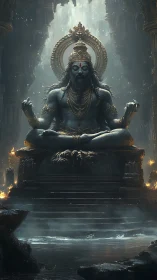Meditating stone deity statue in misty temple cavern.