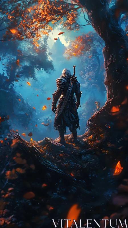 Armored figure stands in a blue forest facing distant peak