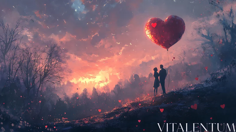 Silhouetted Couple Beneath Incandescent Heart-Shaped Balloon at Sunset