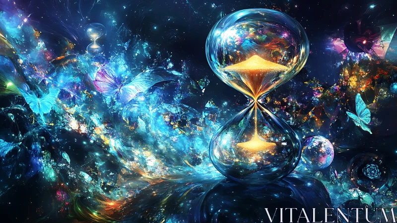Glowing hourglass floats amid cosmic butterflies and nebulae