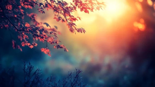 Golden sunset glow embracing gentle autumn leaves.