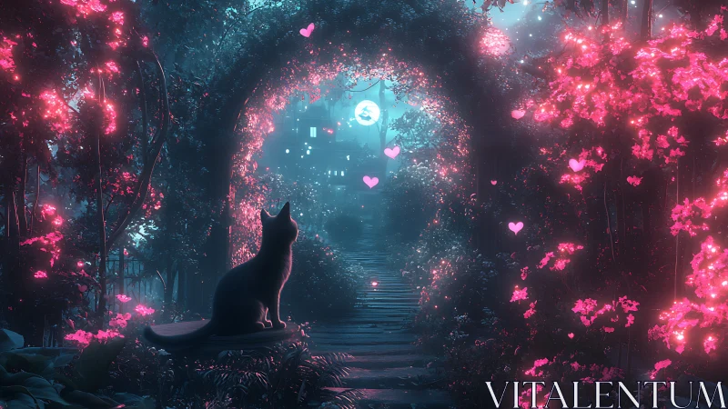 Cat observing glowing hearts in neon lit fantasy garden.