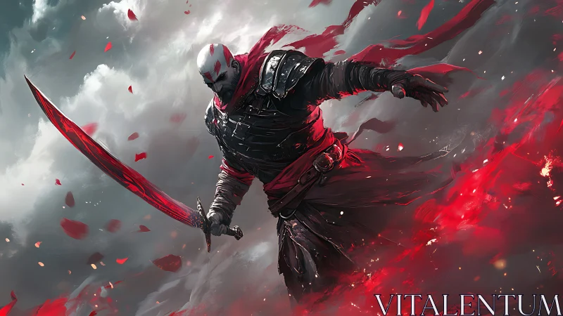 Armored warrior with red sword amid swirling red mist.