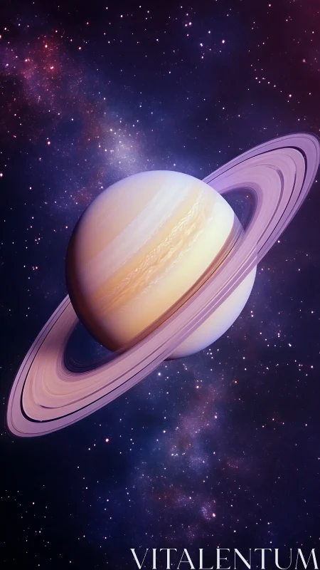 Saturn&rsquo;s luminous rings glow against a starry nebula sky.