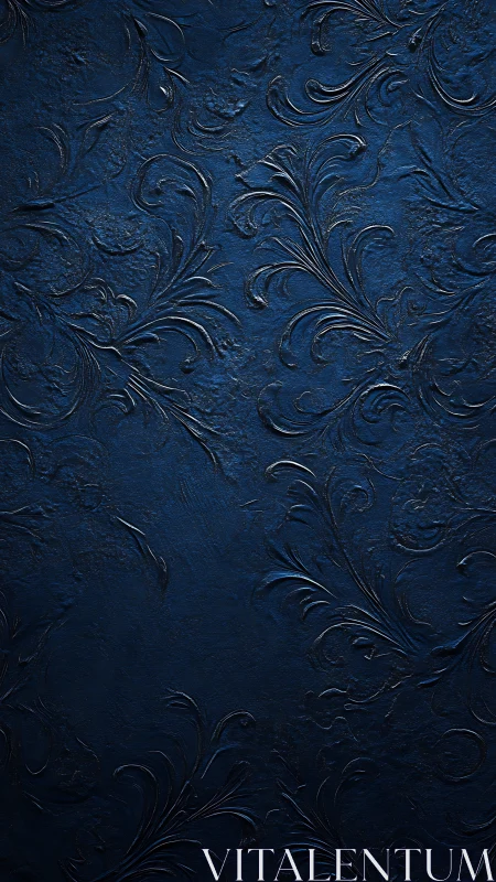 Dark blue embossed floral plaster wall shows ornate relief