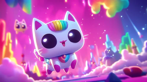 Rainbow space cat soars through a neon candy dreamscape