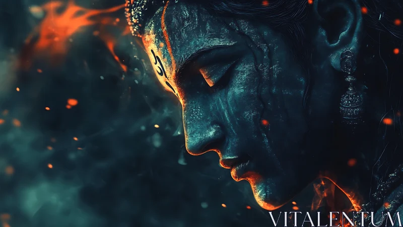 Divine profile burns through shadow with molten embers