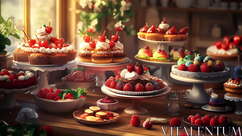 Strawberry dessert table fills warm rustic bakery interior