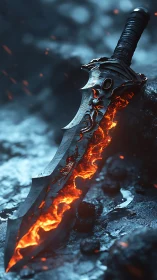 Runed molten greatsword resting in icy battlefield glare.