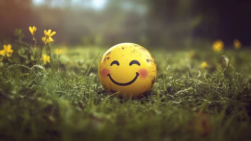 Smiley face ball resting in dewy grass at golden hour.